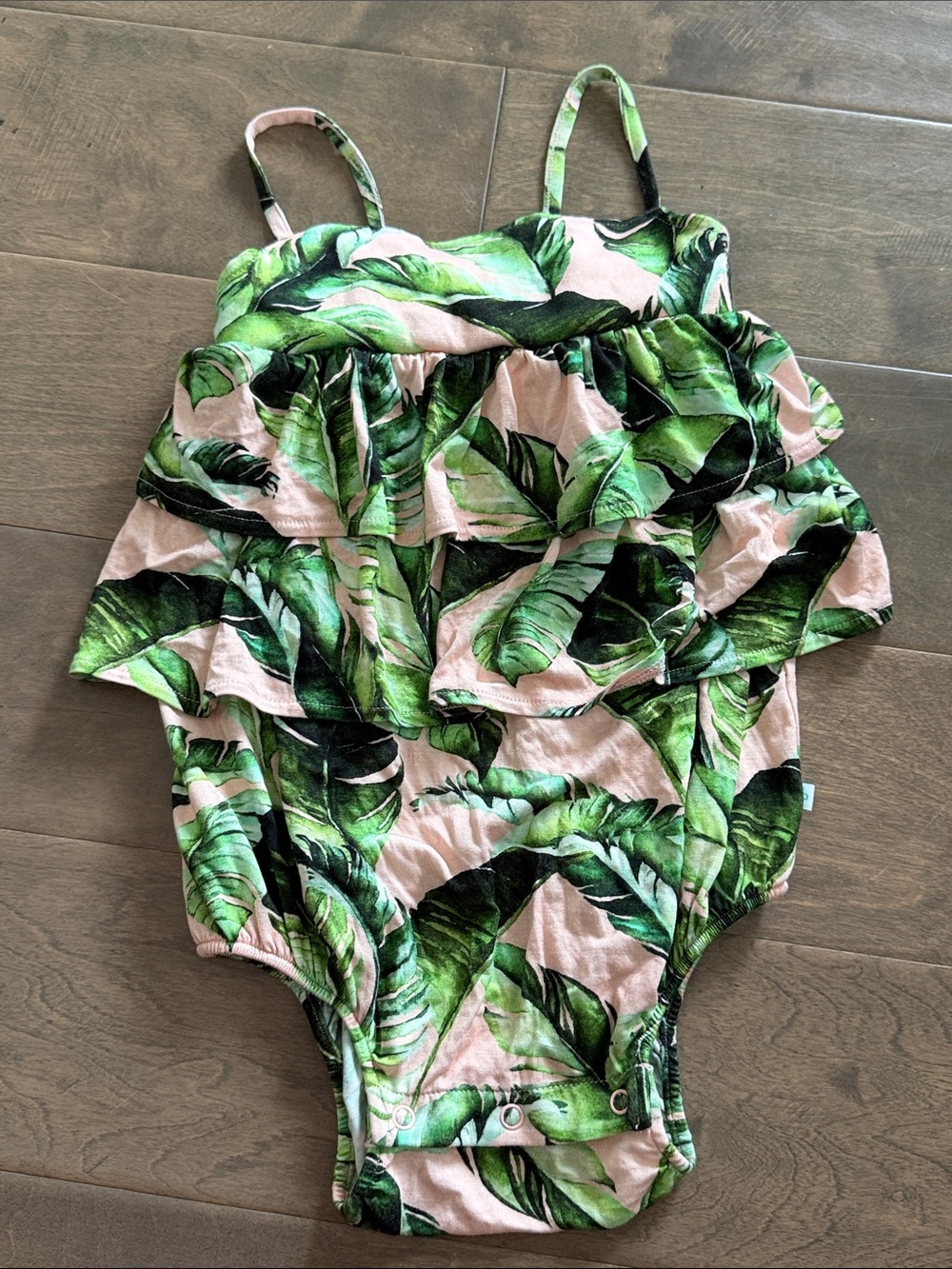 Posh Peanut Pink and Green Tropical Leaf Ruffle One-Piece Swimsuit